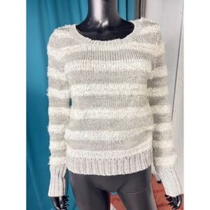 F.A.N.G Striped Sweater Fuzzy Knit Pullover Gray White Soft Cozy Size M